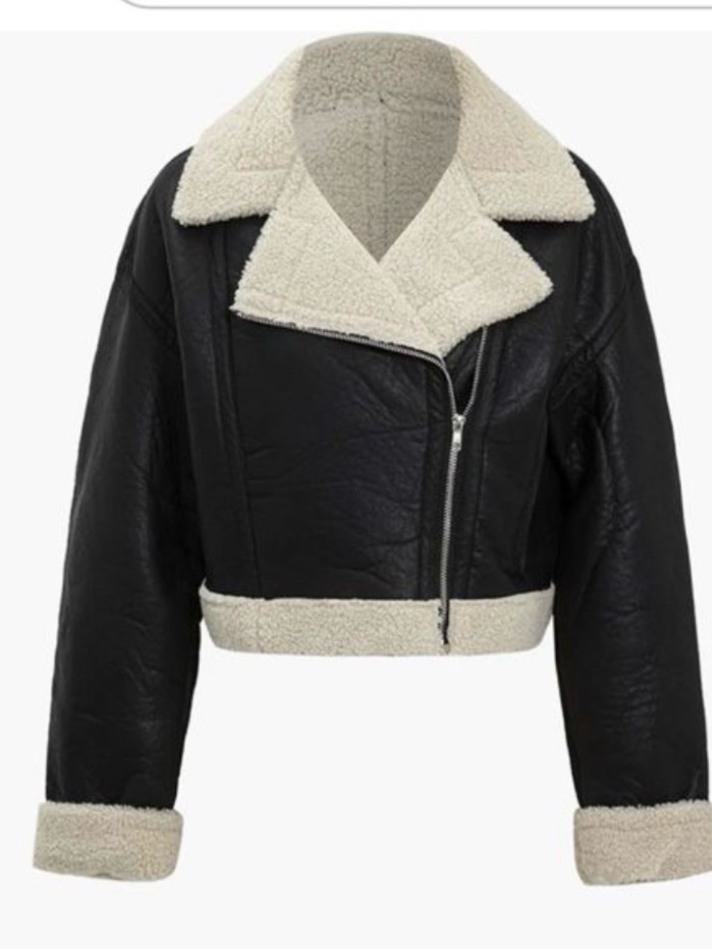 Cropped Black Faux Leather Bomber Jacket with Cream Sherpa Trim